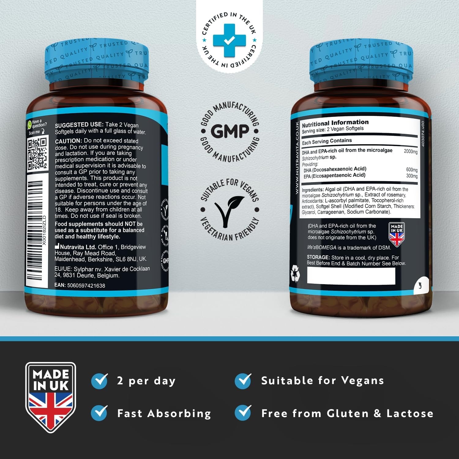 Vegan High Strength Omega 3 2000Mg Soft Gels - 600Mg DHA & 300Mg EPA per Serving - Plant-Based Omega 3 Softgels Derived from Sustainable Algal Oil - 60 Vegan Softgels - Made in the UK by Nutravita