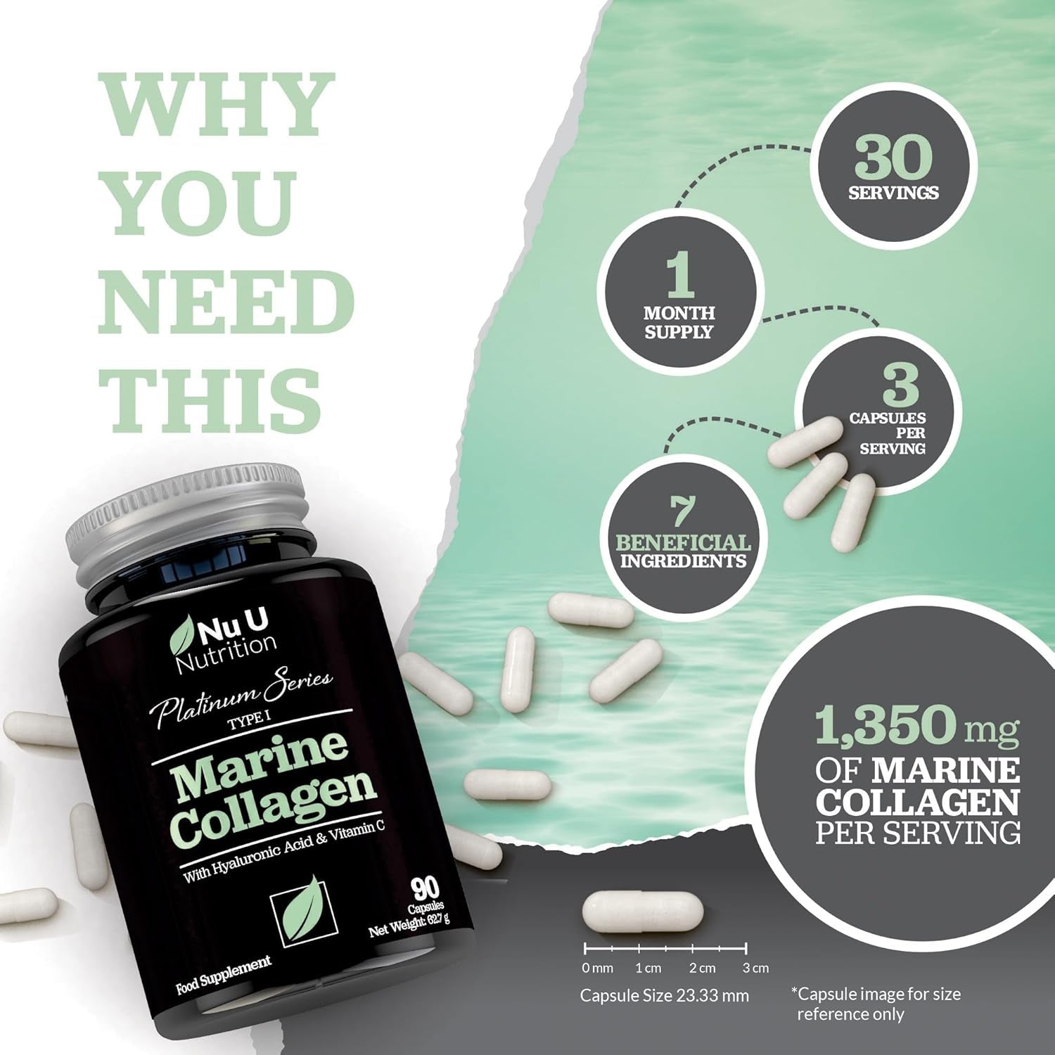Marine Collagen with Hyaluronic Acid, Vitamin C - 90 Hydrolyzed Capsules (Not Tablets) - Premium High Strength Collagen Supplements for Women & Men - Type 1 Marine Collagen - Nu U Nutrition