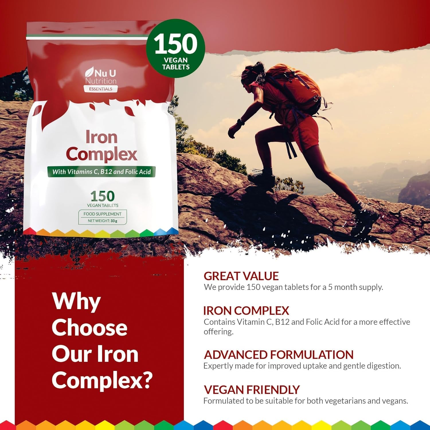 Iron Supplement - 150 Vegan Tablets - Complex with Vitamin C, B12 and Folic Acid - High Strength Ferrous Fumarate 14Mg per Tablet - Energy Support for Women & Men - Made in the UK - Nu U Nutrition