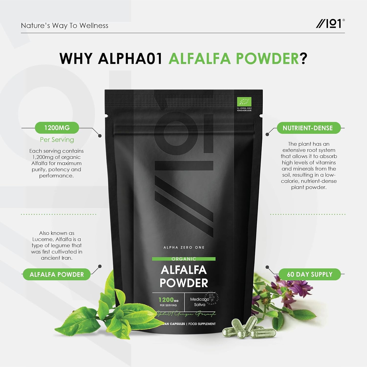 Organic Alfalfa 1200Mg - 120 Vegan Capsules (2 Months Supply) – High Strength Alfalfa Supplement – Resealable and Recyclable Pouch – by Alpha01