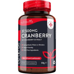 Max Strength Cranberry 37,500Mg - 180 Vegan Capsules – Daily Supplement for Women – 50:1 Pure Cranberry Extract Supplement – Made in the UK by Nutravita