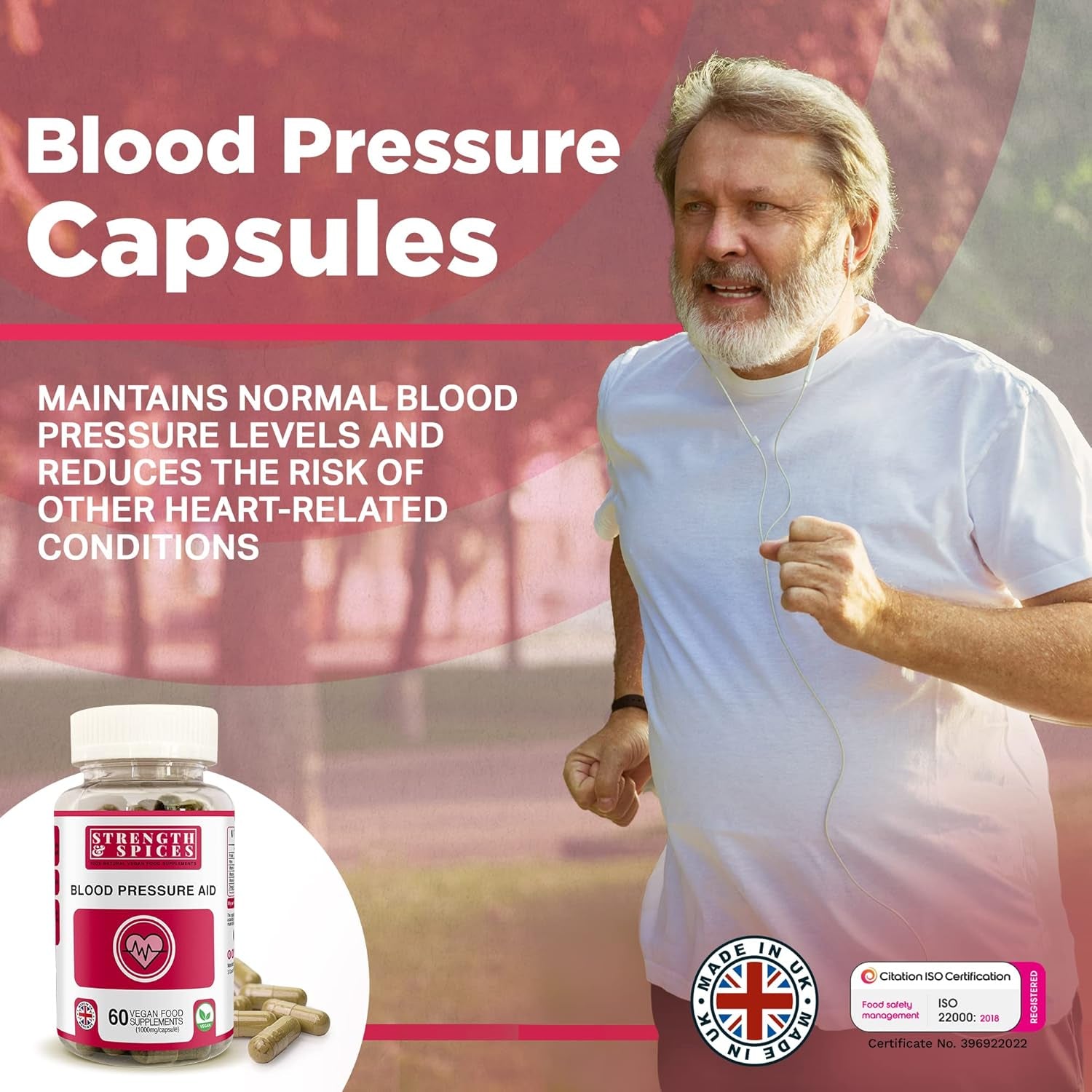 Strength & Spices Blood Pressure Aid, Immune System Booster Herbal Supplements, Blood Pressure Tablets with 15 Natural Ingredients Including Hawthorn Berry and Grape Seed, 1000 Mg, 60 Capsules