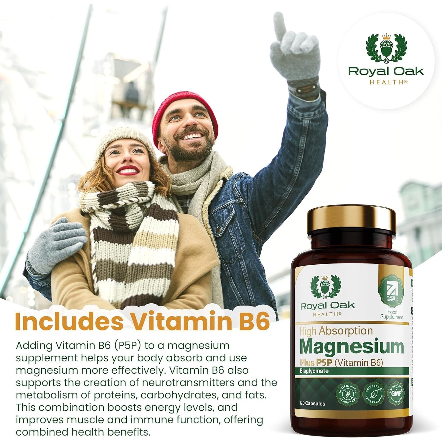 Magnesium Bisglycinate 200Mg plus P5P Vitamin B6 X120 Capsules | Advanced Chelated Formula for Optimal Absorption 200Mg of High Strength Elemental Magnesium - Vegan & UK Made by Royal Oak Health