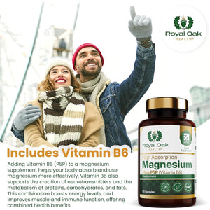 Magnesium Bisglycinate 200Mg plus P5P Vitamin B6 X120 Capsules | Advanced Chelated Formula for Optimal Absorption 200Mg of High Strength Elemental Magnesium - Vegan & UK Made by Royal Oak Health