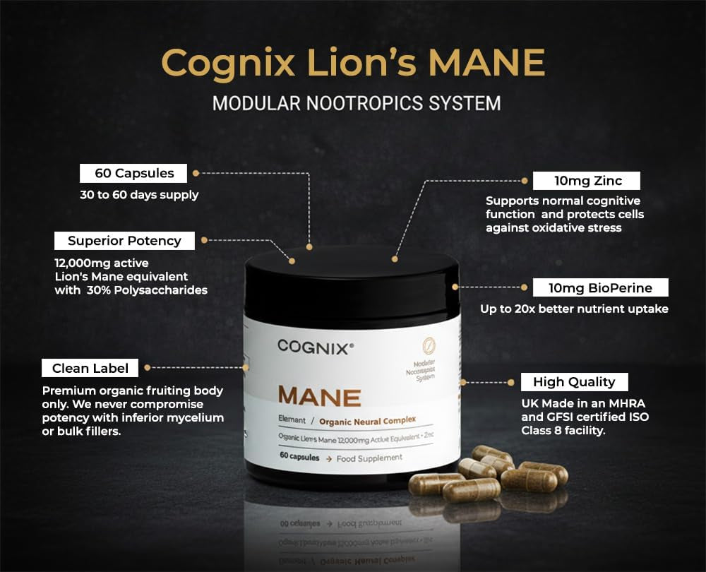 High Potency Lions Mane Supplement 12,000Mg with Zinc for Normal Cognitive Function & Cell Protection - Maximum Strength Organic Lions Mane - 30% Polysaccharides - UK Made 60 Capsules (30 Servings)