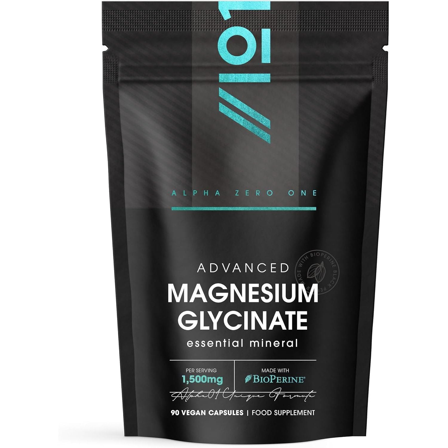Magnesium Glycinate 1500Mg with Bioperine® – Supports the Nervous System - Reduces Tiredness and Fatigue - 90 Vegan Capsules (45 Days Supply) - Resealable and Recyclable Pouch - by Alpha01