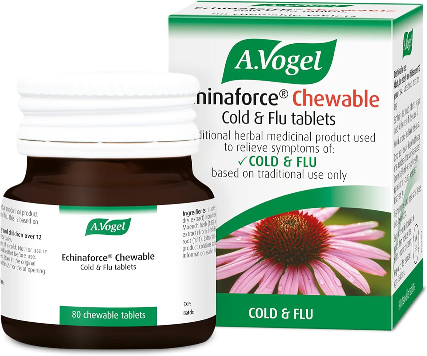 A.Vogel Echinaforce Chewable Cold & Flu Tablets | Relieve Cold & Flu Symptoms | Extracts of Fresh Echinacea | 80 Tablets