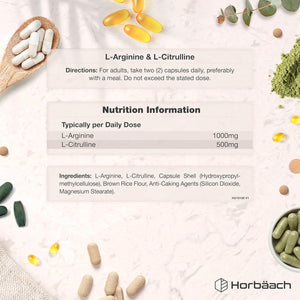 L Arginine and L Citrulline 1500Mg Capsules | 120 Count | Amino Acids | Supplements for Men and Women | Suitable for Vegans & Vegeterians | by Horbaach
