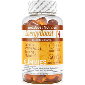 Energy Boost - Pre Workout, Caffeine, Ginseng, VIT C, L-Carnitine, Beta-Alanine, Chewable Gummies for Men & Women - 60 Gummies - Orange Flavour, Suitable for Vegans