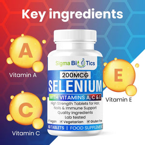 Selenium with Vitamins A, C & E - Promotes Healthy Hair, Skin & Nails - Supports the Immune System - Superior Absorption Formula - Vegan and Gluten Free - 60 Tablets for 2 Months Supply