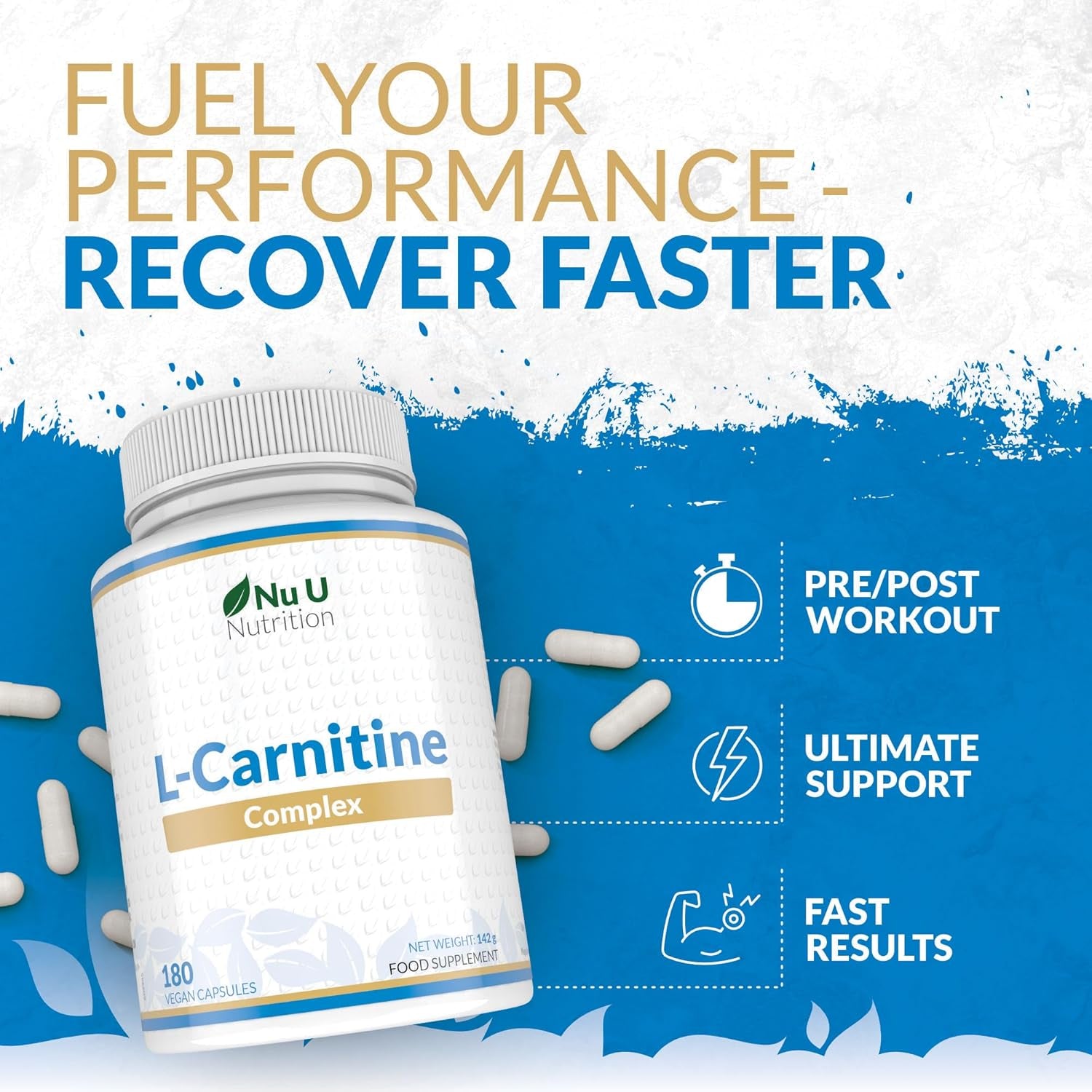 L-Carnitine Tartrate Complex 2200Mg - 180 Vegan Capsules - with Chromium, Riboflavin, Biotin, Vitamin D, B3 & B6 - High Strength L Carnitine Supplement - Made in the UK - Nu U Nutrition