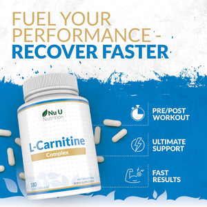 L-Carnitine Tartrate Complex 2200Mg - 180 Vegan Capsules - with Chromium, Riboflavin, Biotin, Vitamin D, B3 & B6 - High Strength L Carnitine Supplement - Made in the UK - Nu U Nutrition