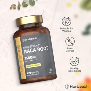 Maca Root 7500Mg | High Strength Maca Supplement for Men & Women | Peruvian Ginseng Extract | 180 Vegan Tablets | by Horbaach
