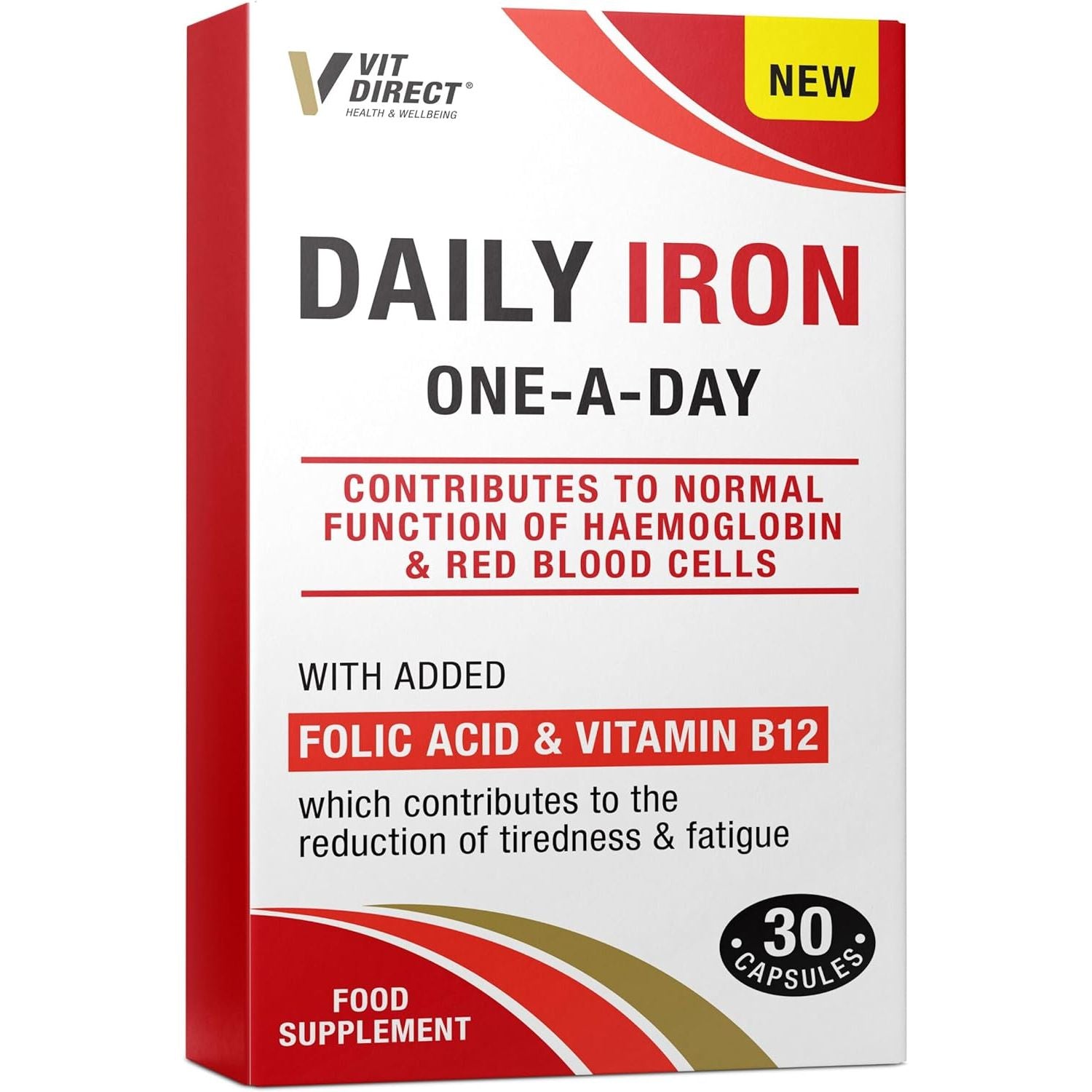 Vit Direct - Daily Iron Supplements - 30 Capsules - with Added Folic Acid & Vitamin B12 - Supports Haemoglobin & Red Blood Cell Function - Reduces Tiredness & Fatigue - Energy Supplements