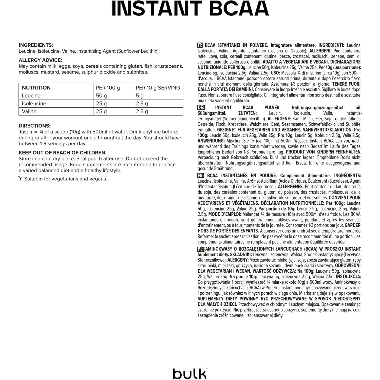 Bulk Pure Instant Branched Chain Amino Acids (BCAA) Powder, Unflavoured, 500 G