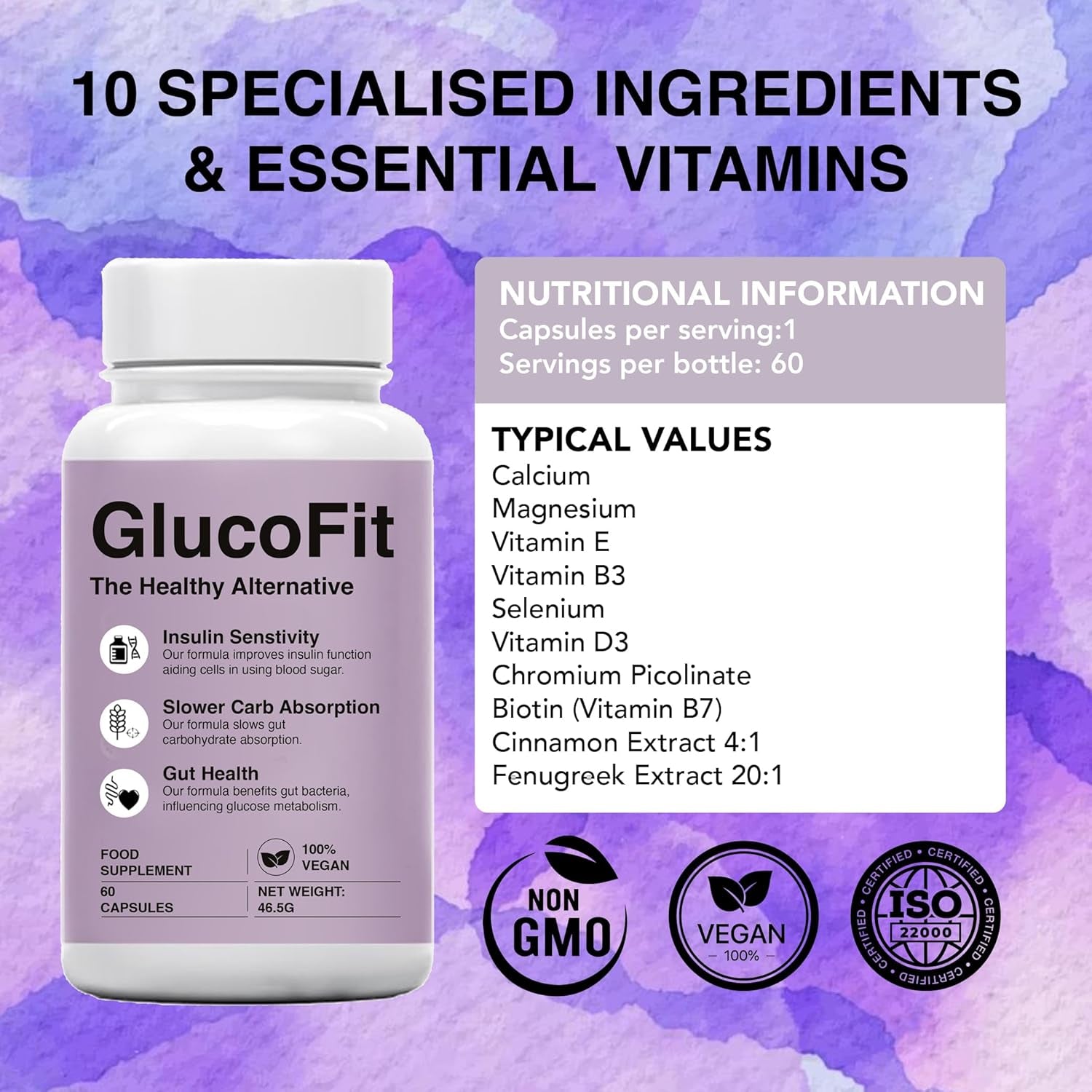 Gluco Fit Supplement, Improves Insulin Function, Slows Carb Absorption, Promotes Gut Health, 60 Vegan Capsules, Weight Management with Added Vitamins'