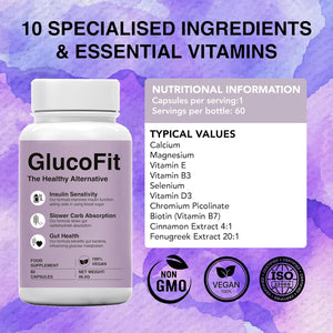 Gluco Fit Supplement, Improves Insulin Function, Slows Carb Absorption, Promotes Gut Health, 60 Vegan Capsules, Weight Management with Added Vitamins'