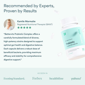 Bettervits Probiotics for Gut Health | 30 Billion CFU for Adults | Bloating Relief & Complete Gut Repair | with Acidophilus, Prebiotic Inulin, Vitamin B12 & Lactobacillus | 30 Capsules