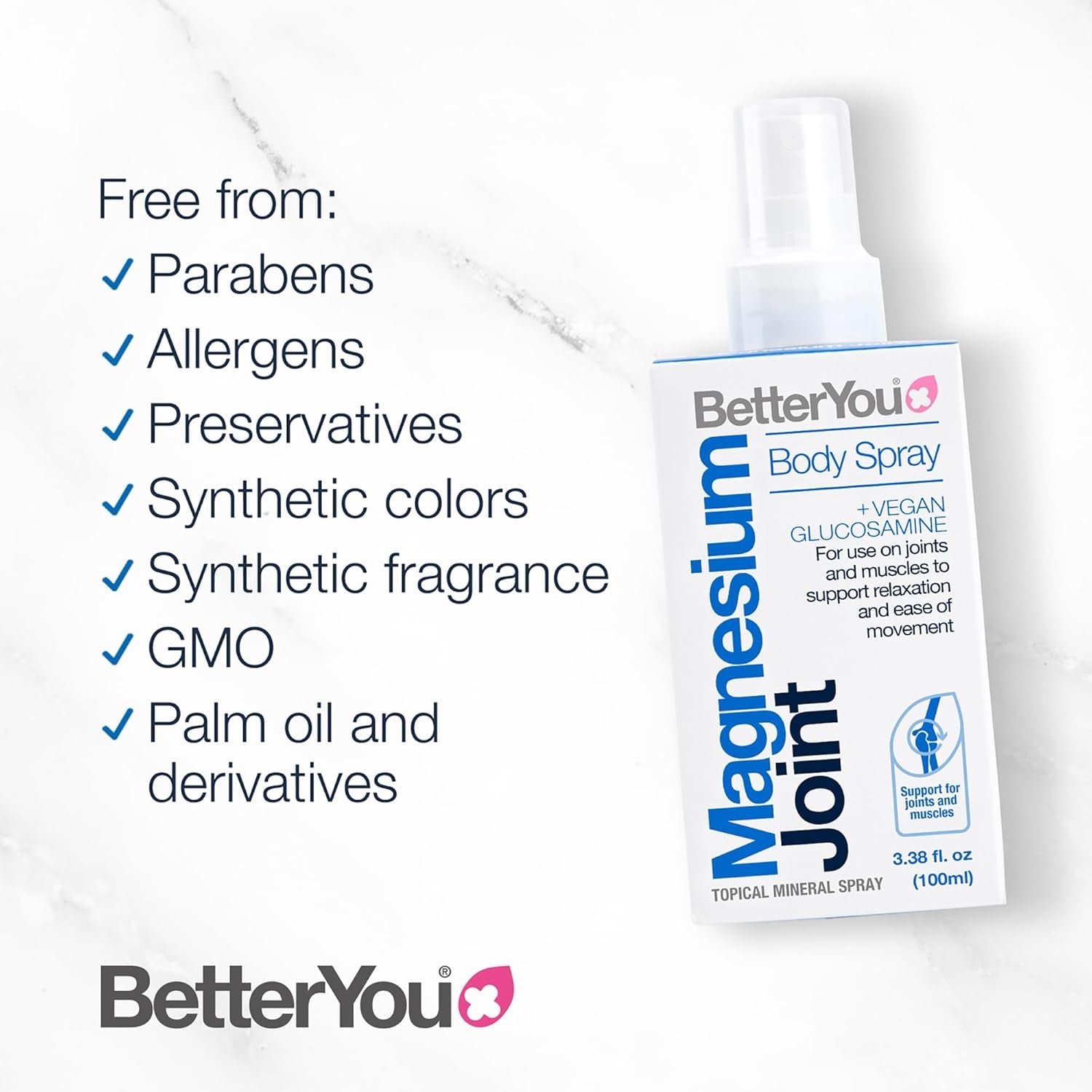Betteryou Magnesium Joint Body Spray, Magnesium Chloride and Glucosamine, Effective Support for Joints and Muscles, Supports Relaxation, 100Ml Magnesum Oil Supplement