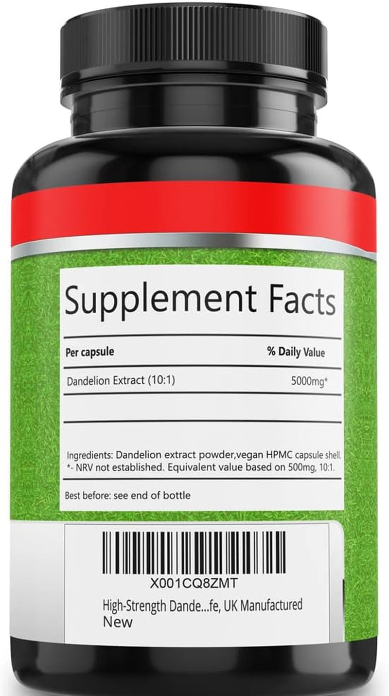 High-Strength Dandelion Extract Capsules (10:1) 5,000Mg per Capsule - 90 per Bottle, Vegan Safe, UK Manufactured