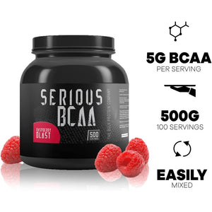 Serious BCAA Powder 500G, 100 Servings Pre Workout - Helps Build Muscle - the Bulk Protein Company (Raspberry Blast)