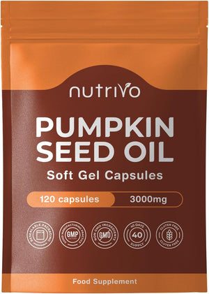 Pumpkin Seed Oil Capsules 1000Mg (3000Mg per 3 Soft Gel Serving) | 120 Capsules | Cold Pressed | Pumpkin Seed Oil for Hair, Prostate and Bladder | UK Made