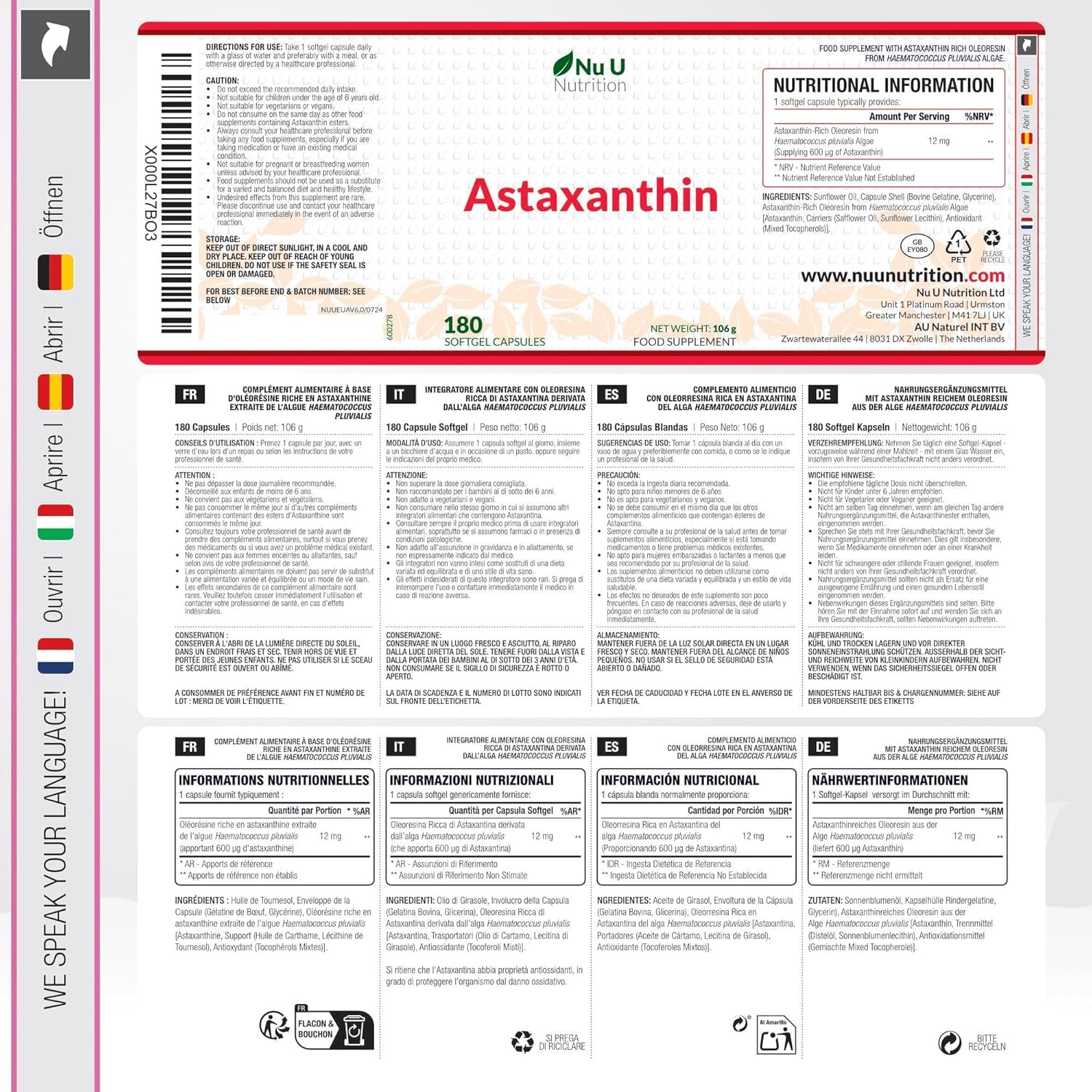 Astaxanthin 12Mg - 180 High Strength Softgel Capsules - 6 Month Supply - Powerful Antioxidant Supplement - Astaxanthin from Haemotococcus Pluvialis Algae - Made in the UK - Nu U Nutrition