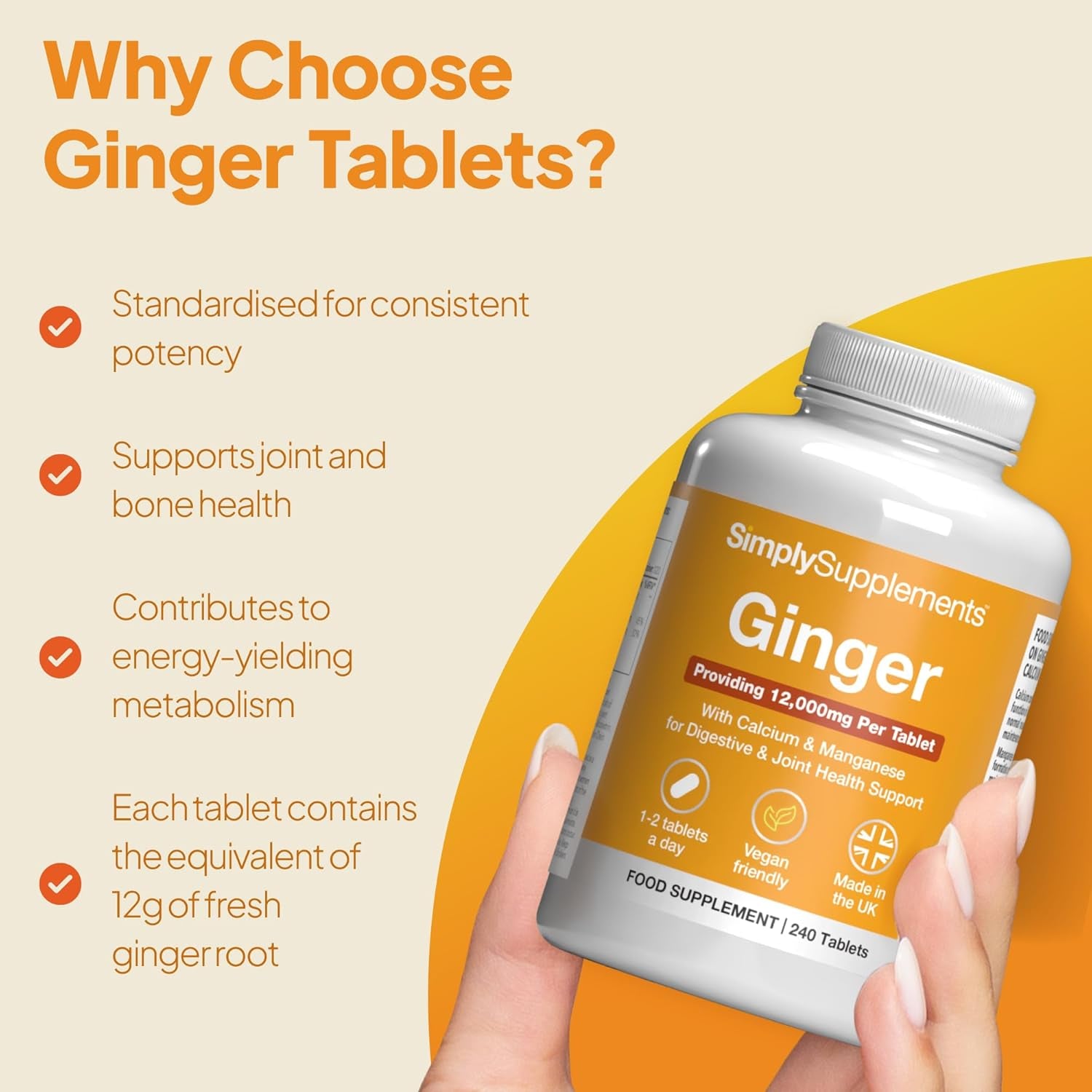 Ginger Tablets | Supports Joints, Bones & Energy | with Added Calcium & Manganese | 240 High-Strength Tablets = 4 Months’ Supply | Joint and Digestive Support | Gmp-Certified & Uk-Made