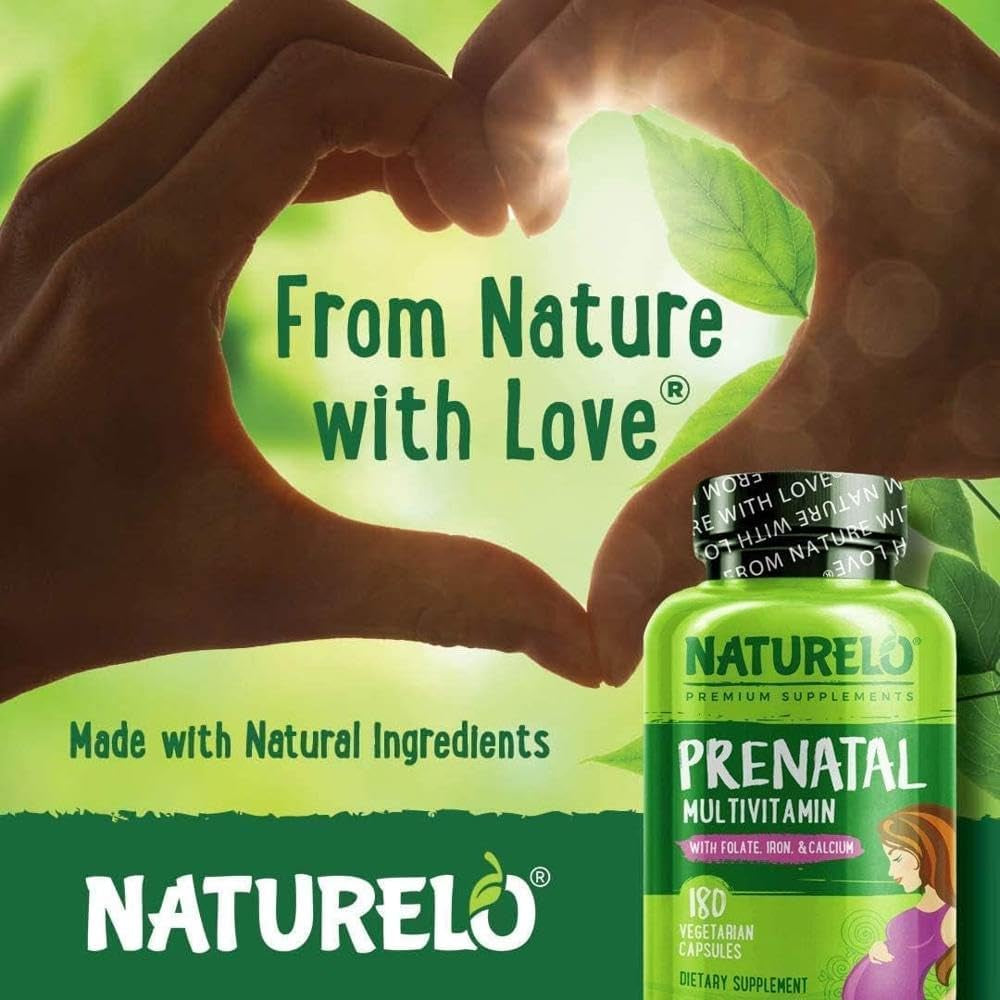 NATURELO Prenatal Multivitamin - Natural Vitamins & Minerals - Active Folate, Iron & Calcium - Essential Nutrients during Pregnancy & Conception - No Gmos - 180 Vegan Capsules | 2 Month Supply
