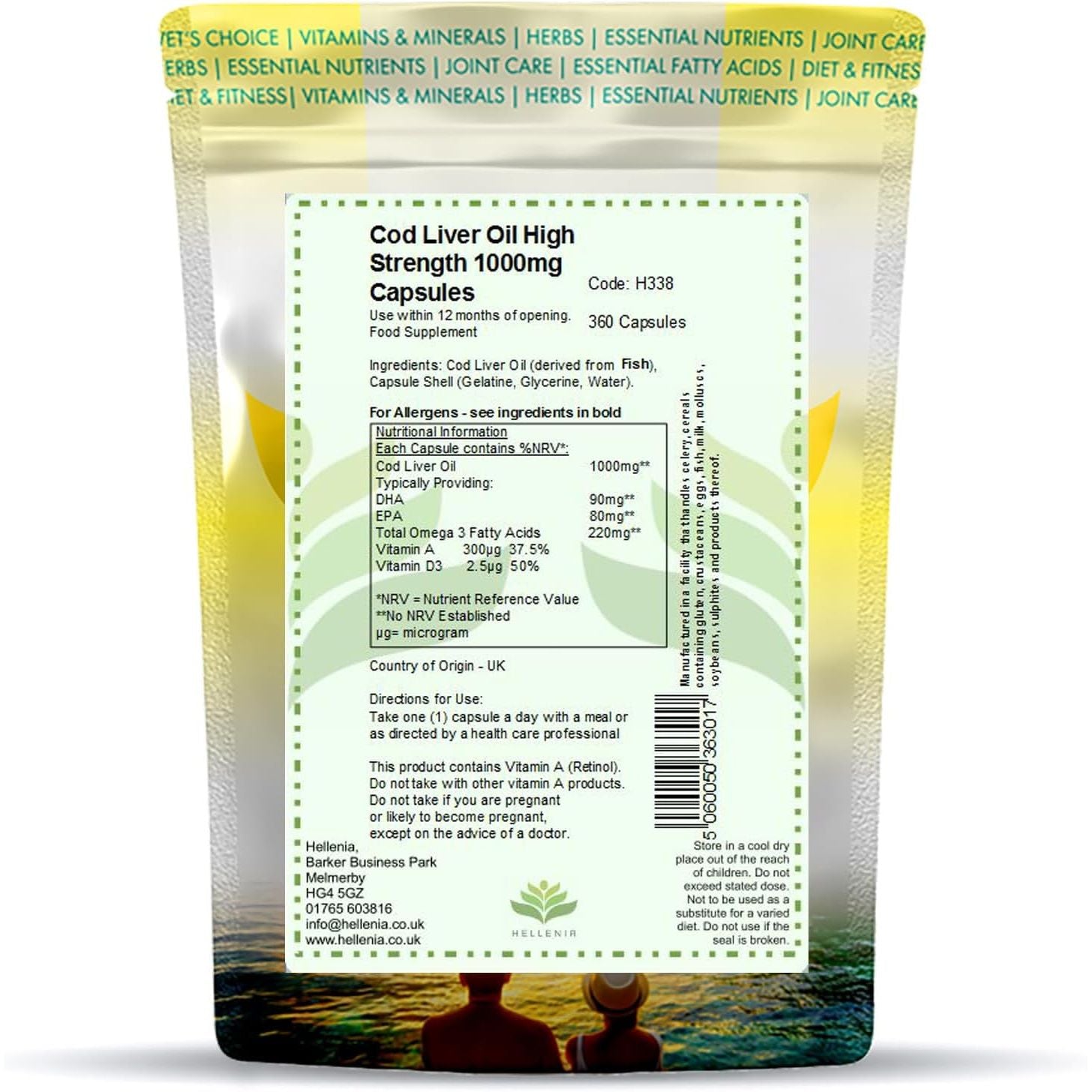 Cod Liver Oil Capsules High Strength 1000Mg | 360 Fish Oil Capsules UK Made - 1 Year Supply | Rich Source of Omega 3 Essential Fatty Acids | High EPA DHA | Gluten Free - Made in the UK for Hellenia