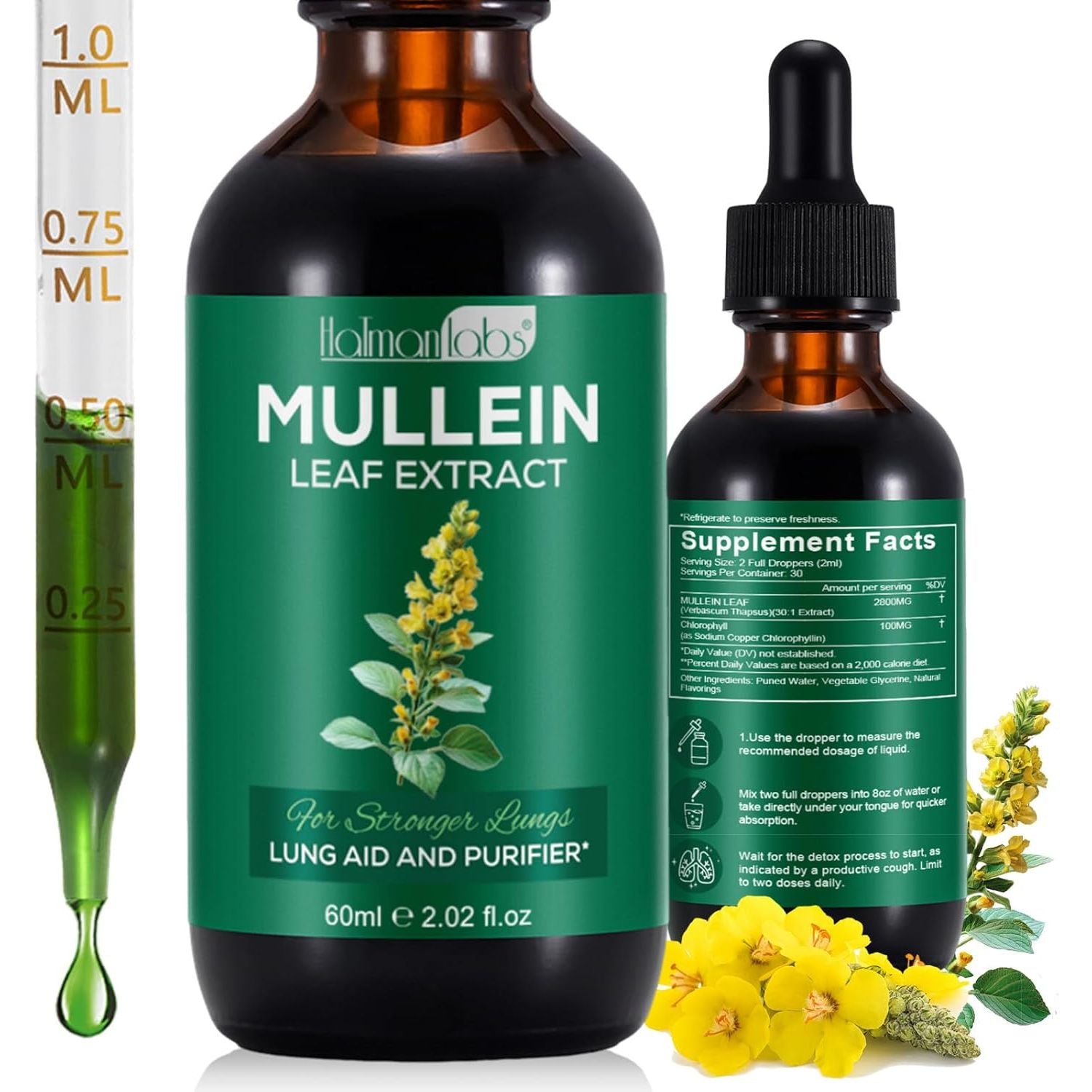 Mullein Drops for Lungs, Mullein Leaf Extract Supplement, Natural Mullein Herbal Supplements, Mullein Leaf Extract for Lung Cleanse and Respiratory Support - 2.02 Fl Oz