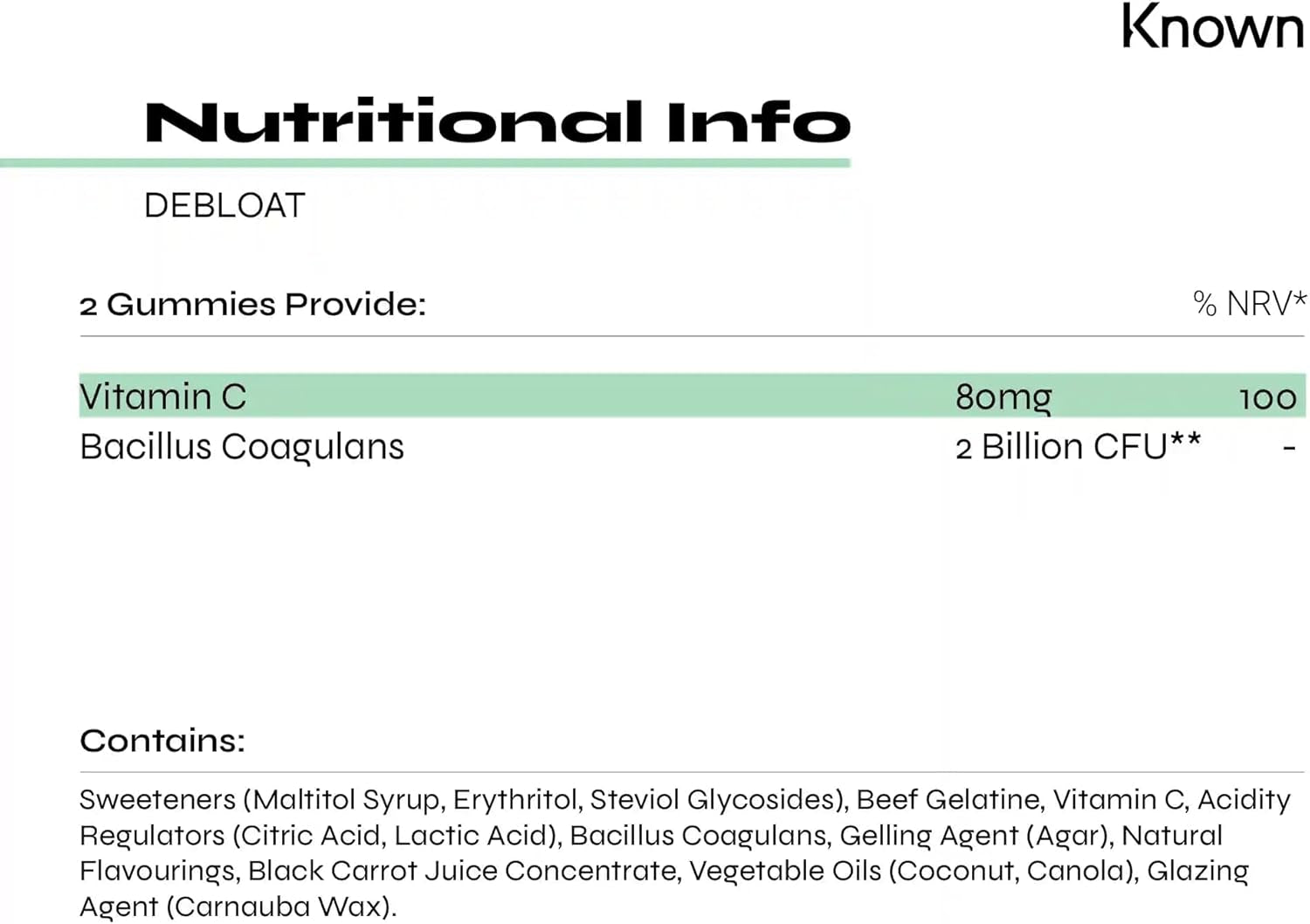 Known Delicious Debloat Gut Support Gummies - 2 Billion CFU Bacillus Coagulans & Vitamin C - Natural Mixed Berry Flavour - 60 Gummies, 1 Month Supply