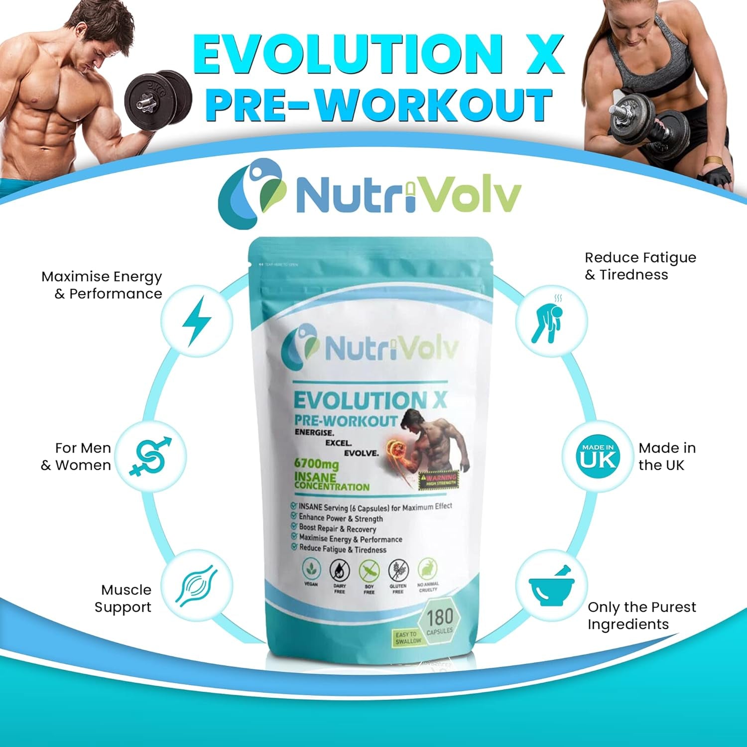 Evolution X Gym Pre Workout Supplement for Men 6700Mg High Strength, Energy & Muscle Growth | 1 Month Supply |180 Capsules