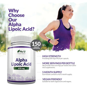 Alpha Lipoic Acid 650Mg - 150 High Strength Vegan ALA Capsules - 5 Month Supply - Amino Acid Supplement - Made in the UK - Nu U Nutrition