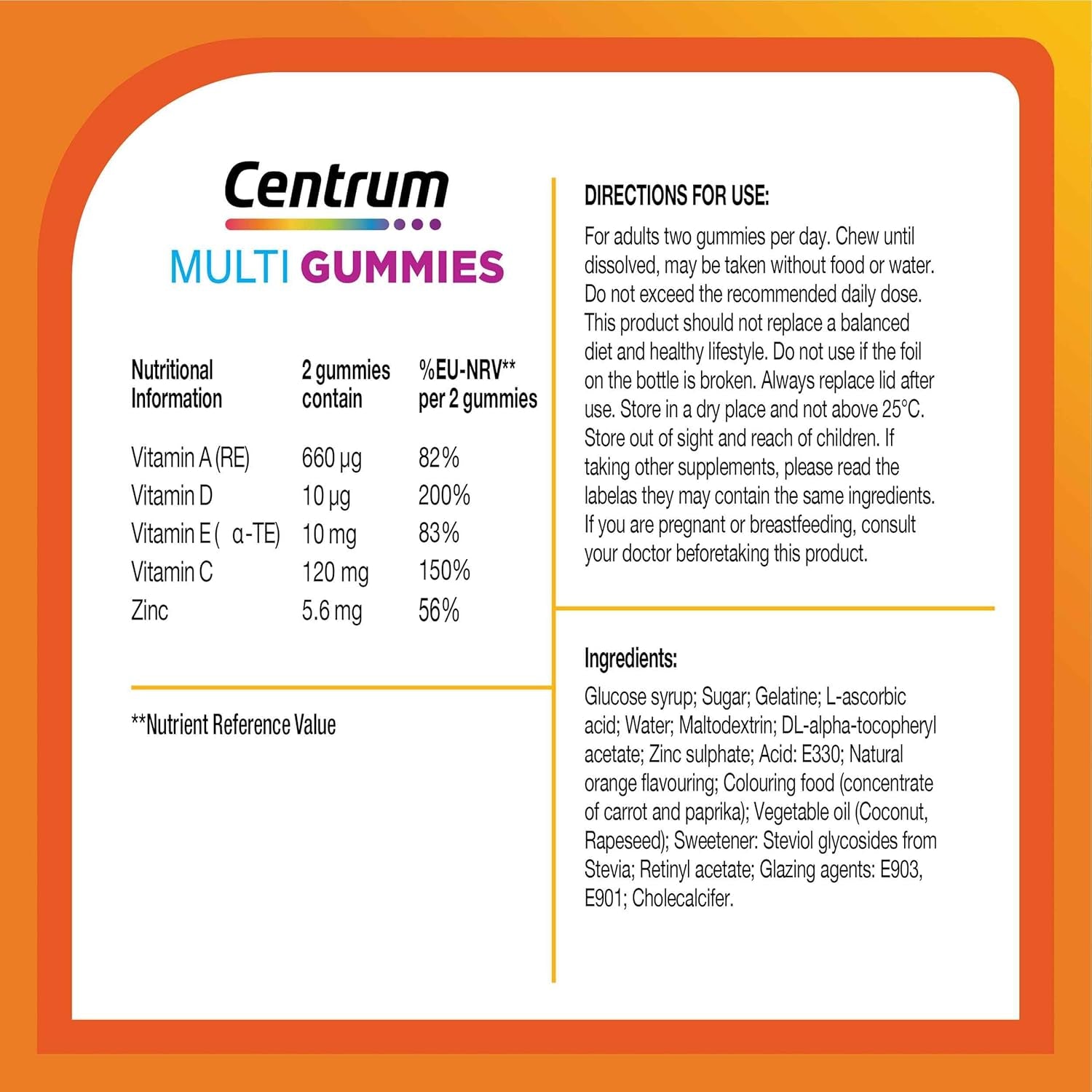 Centrum Multigummies Immunity Support, Gummy Multivitamins for Adults, Orange Natural Fruit Flavouring, Includes Essential Nutrients Including Vitamins D, A, C & Zinc, 60 Ct