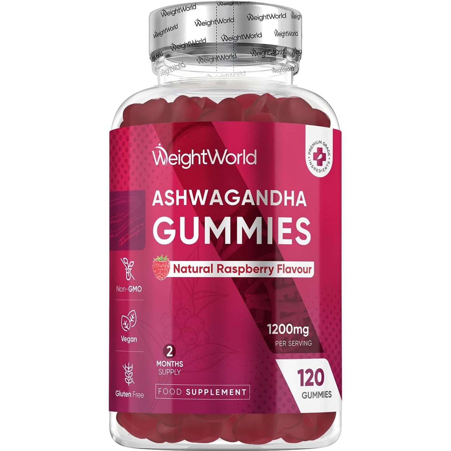 Ashwagandha Gummies 1200Mg - 120 Gummies - 2 Months Supply - Tasty Natural Raspberry Flavour - 2 per Day - Ashwagandha Root Extract Supplement - Vegan, Non-Gmo, Gluten-Free & Travel-Friendly