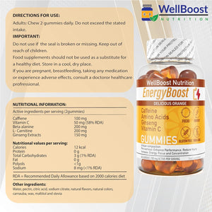 Energy Boost - Pre Workout, Caffeine, Ginseng, VIT C, L-Carnitine, Beta-Alanine, Chewable Gummies for Men & Women - 60 Gummies - Orange Flavour, Suitable for Vegans