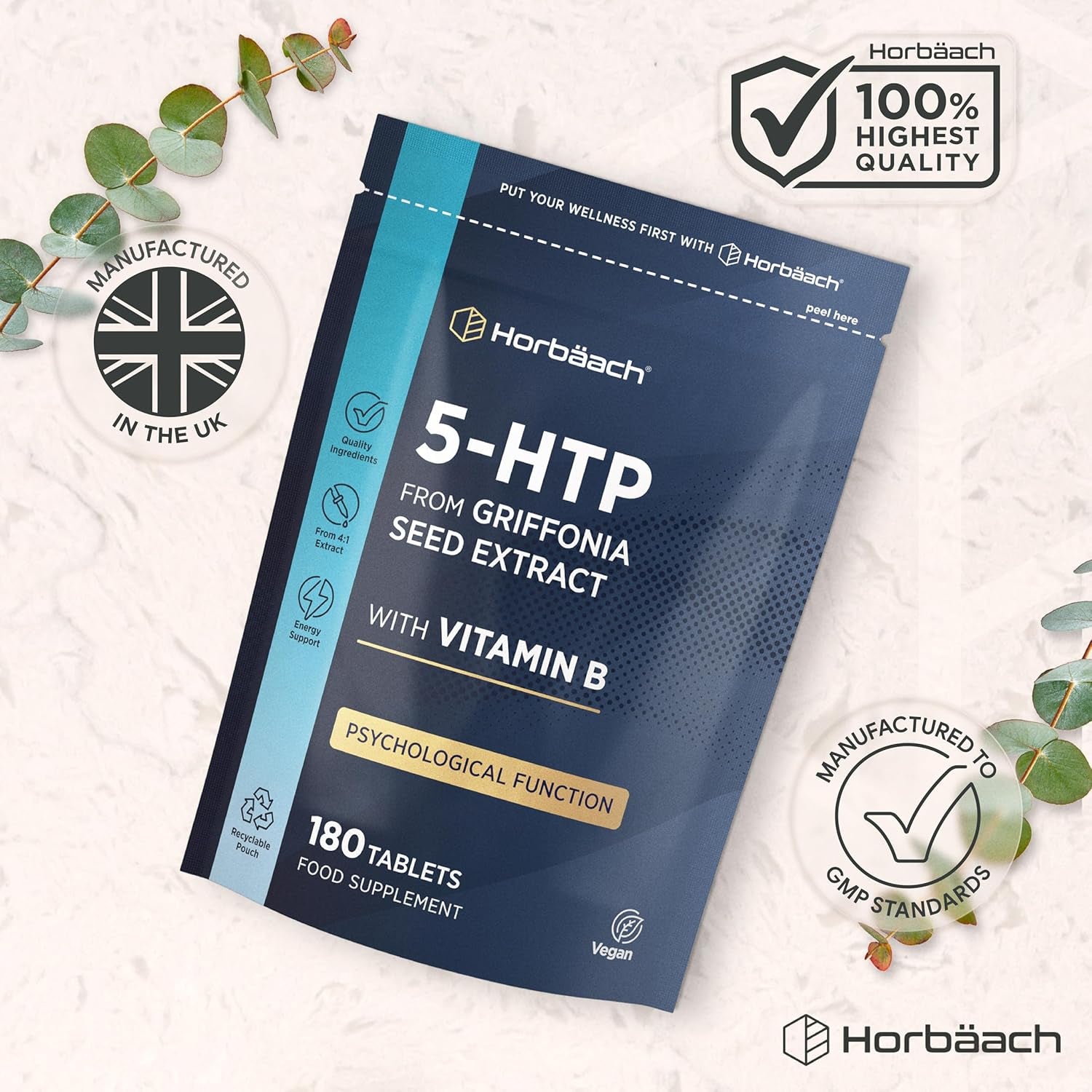 5HTP Supplement High Strength | 180 Vegan Tablets | 6 Month Supply - One a Day | from Griffonia Seed Extract | with Vitamin B5 | by Horbaach