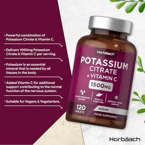 Potassium Supplement High Strength 1500Mg with Vitamin C | Electrolyte Tablets | Potassium Citrate | 120 Count | 100% Vegan | by Horbaach