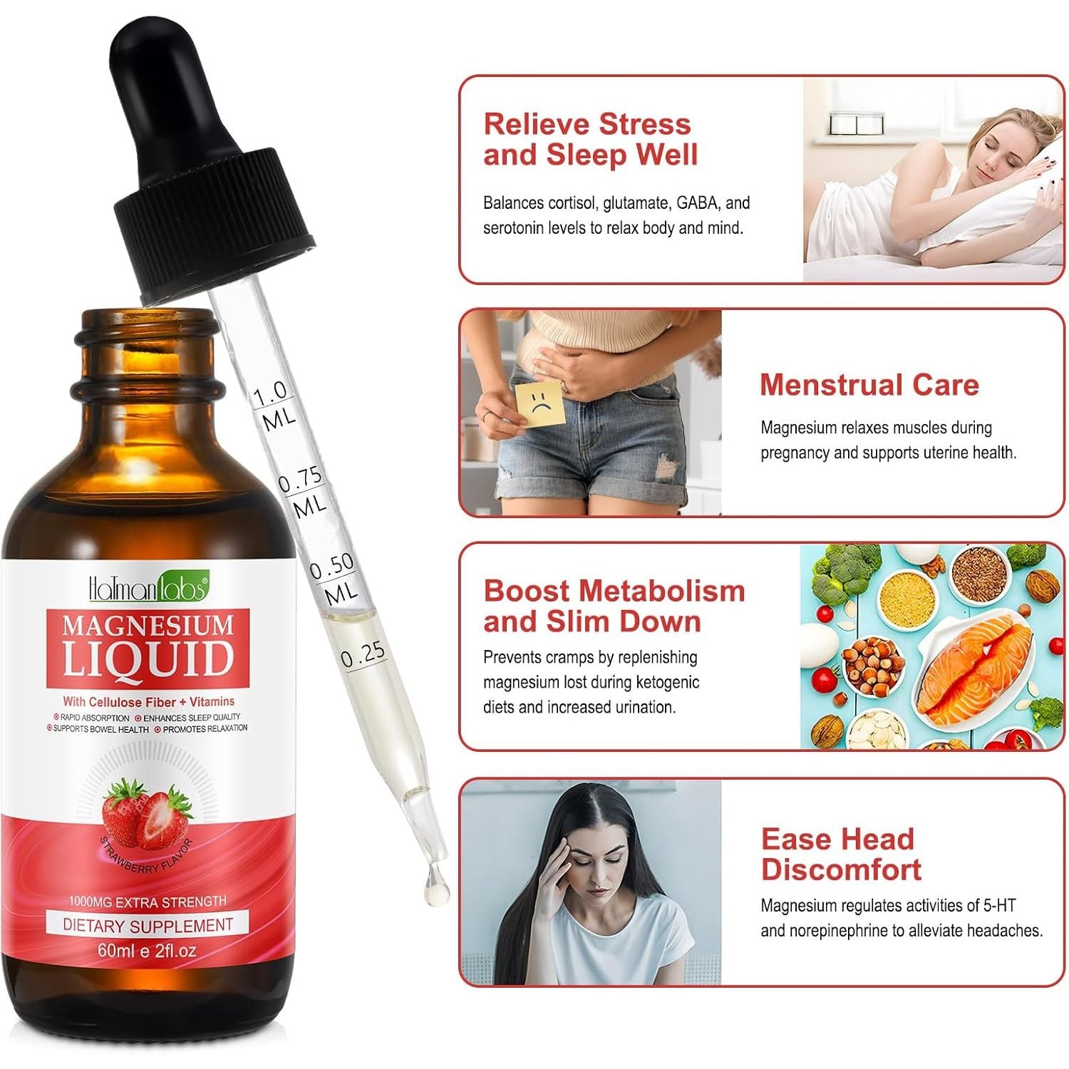 Magnesium Glycinate Liquid Drops-1000Mg Magnesium Liquid Supplement with Cellulose Fiber, Bromelain, Vitamin B6, C, D, Zinc, Magnesium Liquid Drops, Strawberry Flavor