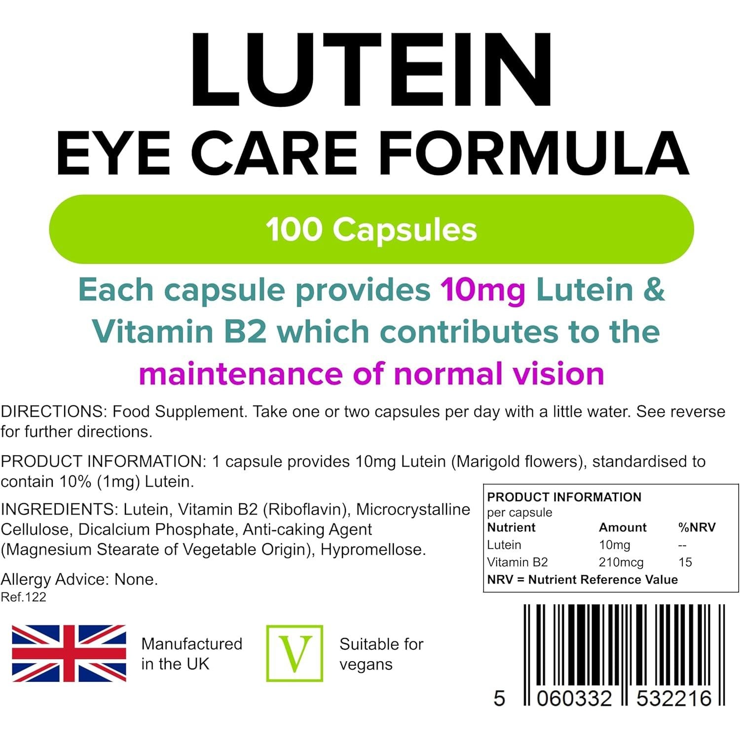 Lindens - Lutein 10Mg, 100 Capsules - UK Made - Marigold Extract with Vitamin B2 - Vision & Eye Health, Standardised Potent Extract - Letterbox Friendly - Vegan