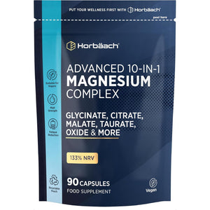 Magnesium Glycinate Complex | 500Mg Elemental Magnesium | 10-In-1 Complex | Glycinate, Citrate, Malate, Oxide, Taurate & More | 90 Vegan Capsules | by Horbaach