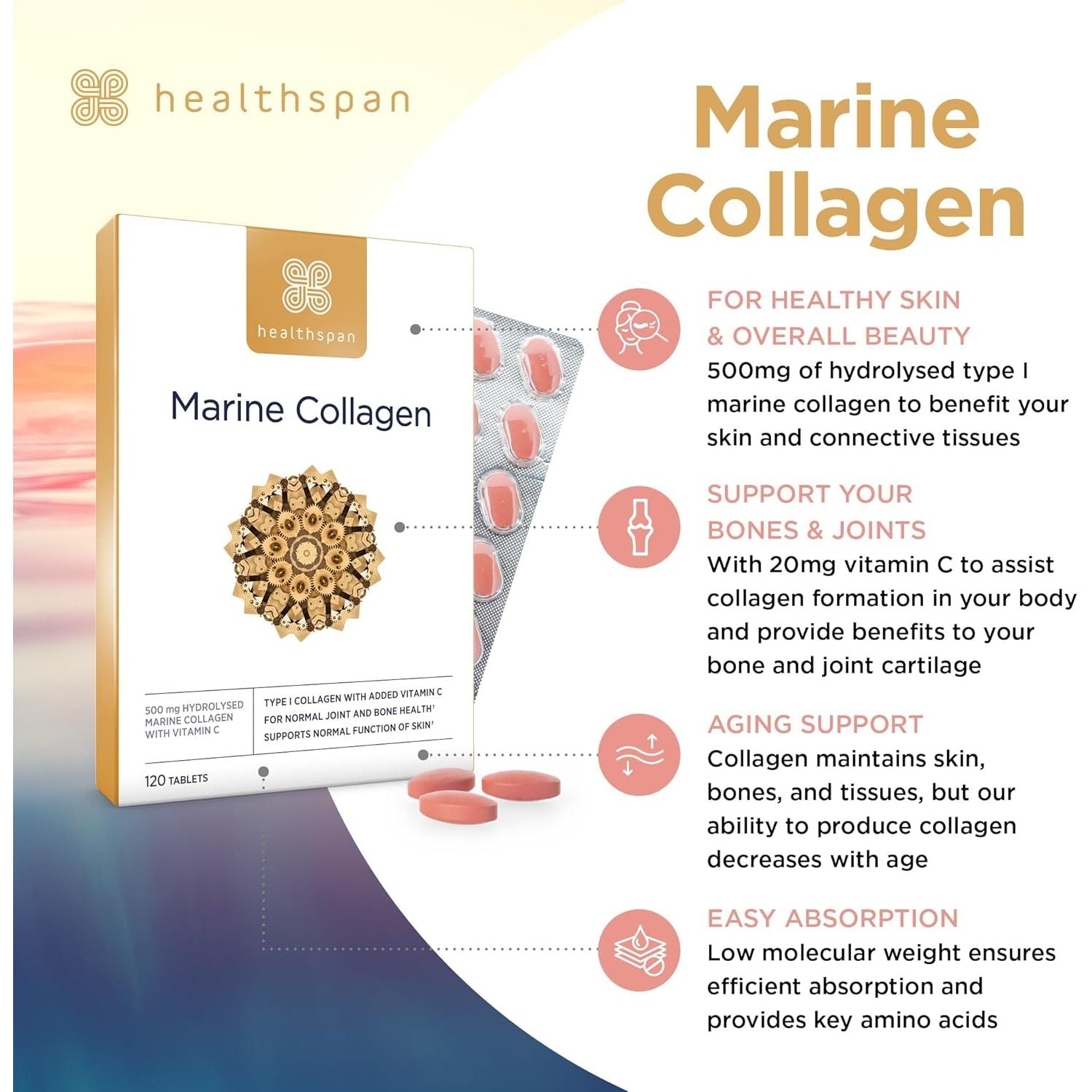 Healthspan Marine Collagen 500Mg (120 Tablets) | Hydrolysed Type I Marine Collagen | Support Your Skin, Bones & Joints | Added Benefits for Skin & Beauty | with Vitamin C