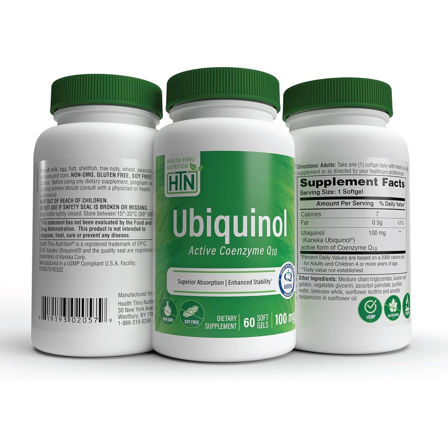 Ubiquinol 100Mg 60 (Soy-Free) (Non-Gmo) EAF Coq10 (Enhanced Absorption Formula Coenzyme Q10 as Kaneka Ubiquinol) by Health Thru Nutrition (60 Softgels)