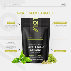 Grapeseed Extract 20,000Mg - Standardised 95% OPC Proanthocyanidins - Made with Italian Vineyard Grapes - 90 Vegan Capsules (3 Months Supply) - Resealable and Recyclable Pouch by Alpha01