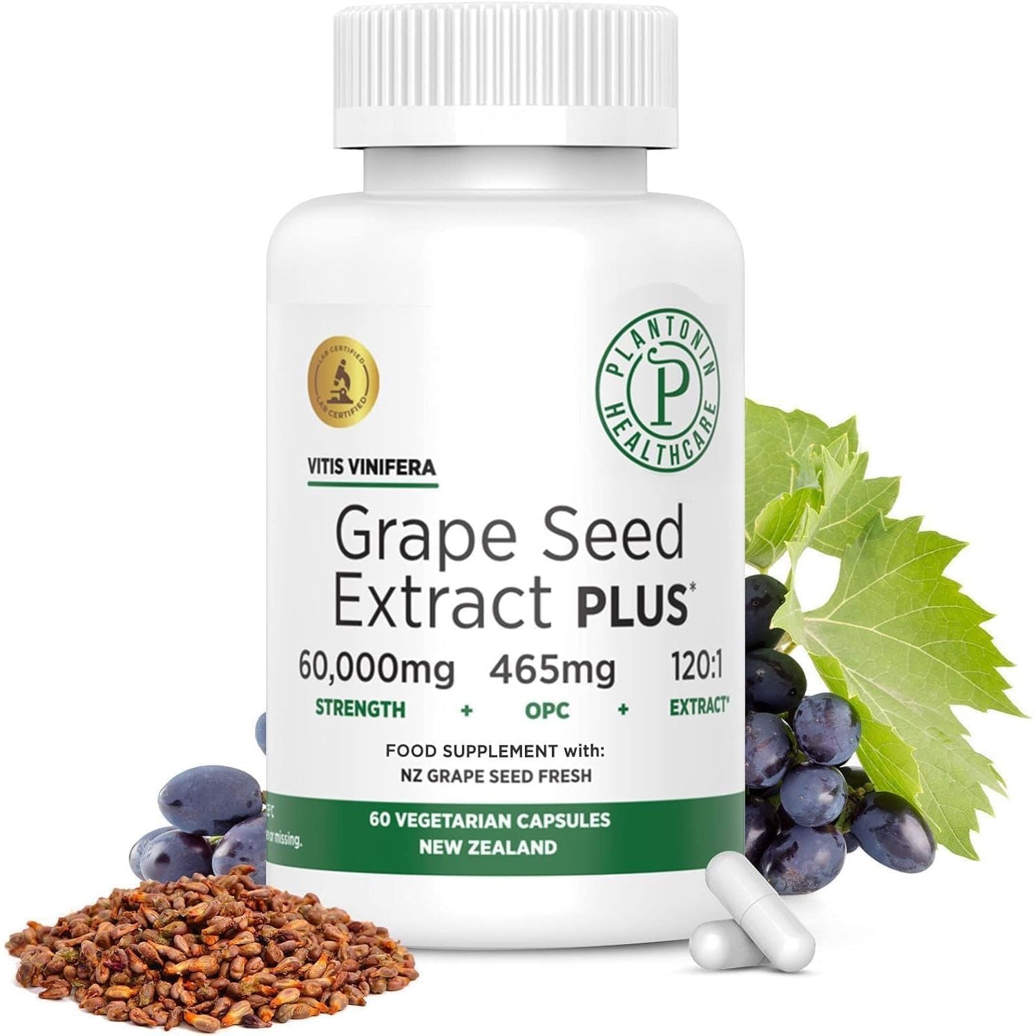 Plantonin Grape Seed Extract Capsules, 465 Mg – Polyphenols Supplement for Optimal Blood Flow & Kidney Support | 60 Capsules with 93% Opcs – 60,000Mg Strength, GMO & Gluten-Free