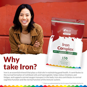 Iron Supplement - 150 Vegan Tablets - Complex with Vitamin C, B12 and Folic Acid - High Strength Ferrous Fumarate 14Mg per Tablet - Energy Support for Women & Men - Made in the UK - Nu U Nutrition