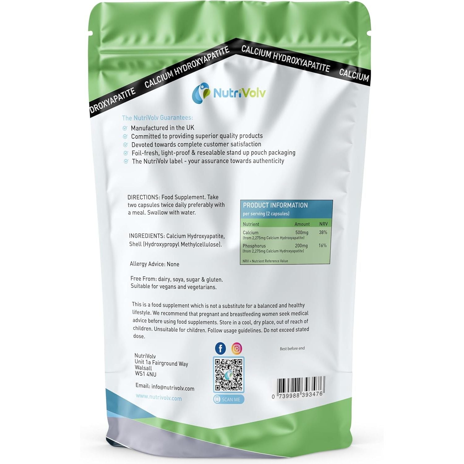 Calcium Hydroxyapatite | 120 Capsules | MCHA - Microcrystalline Hydroxyapatite | Healthy Bones & Teeth | 500Mg Elemental Calcium per 2 Capsule Dose | Most Bioavailable Form | by Nutrivolv