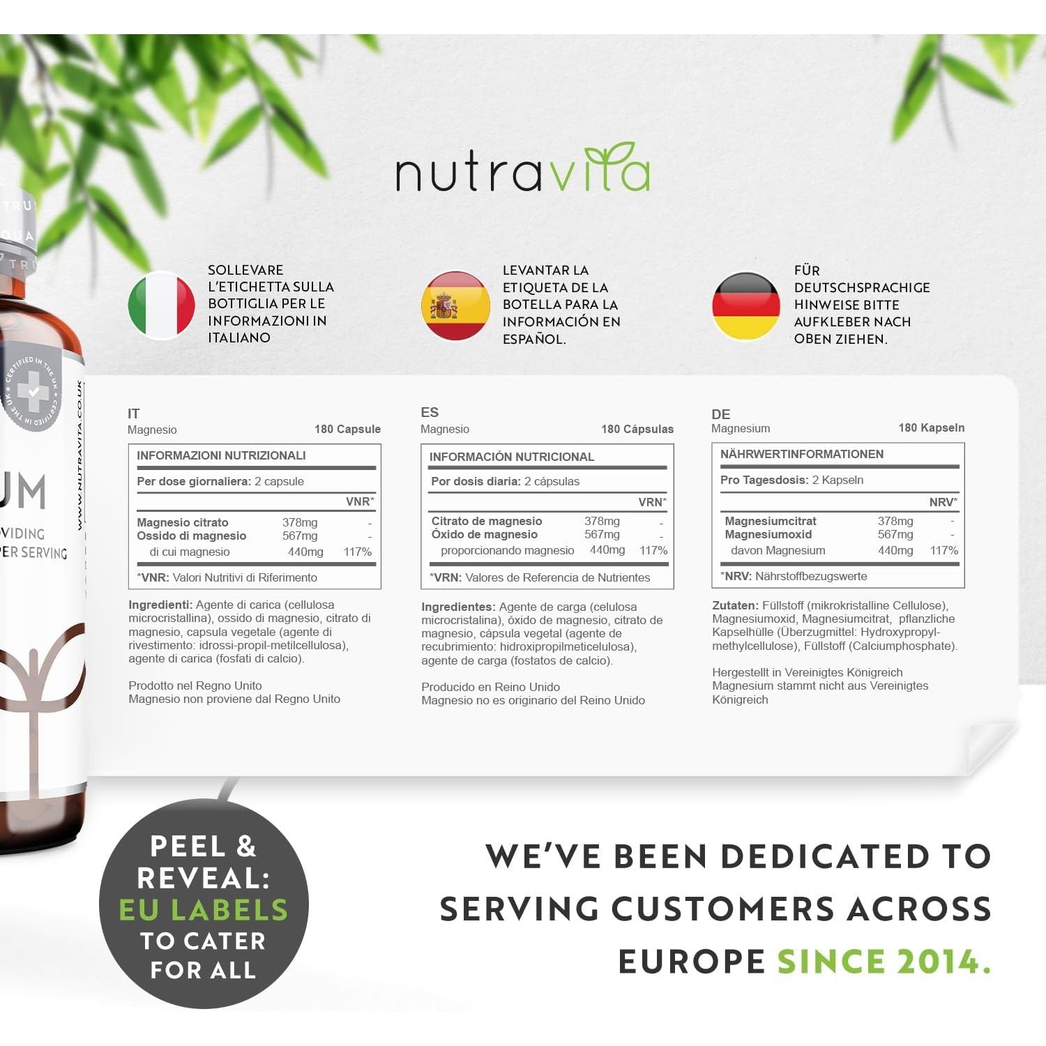 Super Strength 1480Mg – 180 Vegan Magnesium Citrate Capsules Not Magnesium Tablets – High Absorption, Premium Magnesium Supplements – 90 Days Supply – Made in the UK by Nutravita