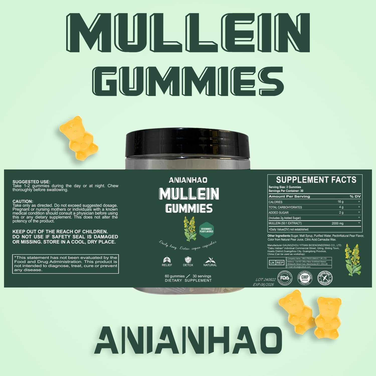 Mullein Gummies - Mullein Leaf Extract for Lungs - Mullein Leaf Gummies 2000Mg for Lung Cleanse Detox Herbal Dietary Supplement- Mucus Remover & Mucus Relief (One Bottle)